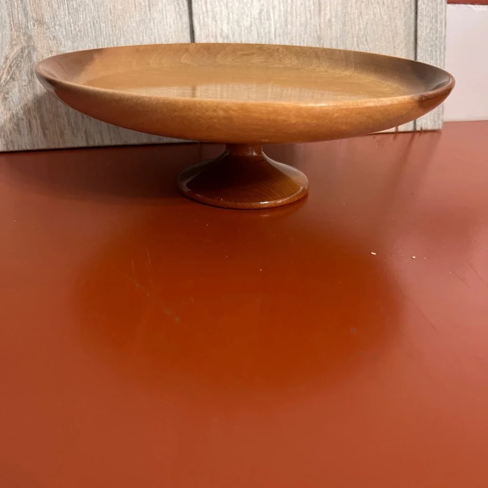 Vtg Solid myrtle Wood Pedestal Fruit Bowl Cake Stand Mid Century Modern 8 Inch